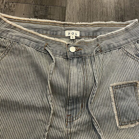 POL Women’s Pants Striped Extra Wide Leg Size Large Pinstripes Patches Blue - Picture 2 of 8